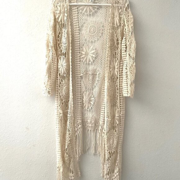 CATO FLORAL CROCHET LACE FRINGE BOHO OPEN FRONT CARDIGAN - Picture 2 of 16